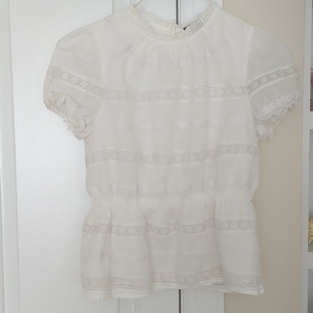 J Crew White Daisy Chain Lace Peplum Ruffle Blouse Boho Chic Size XS Spring Vibe - Picture 3 of 8